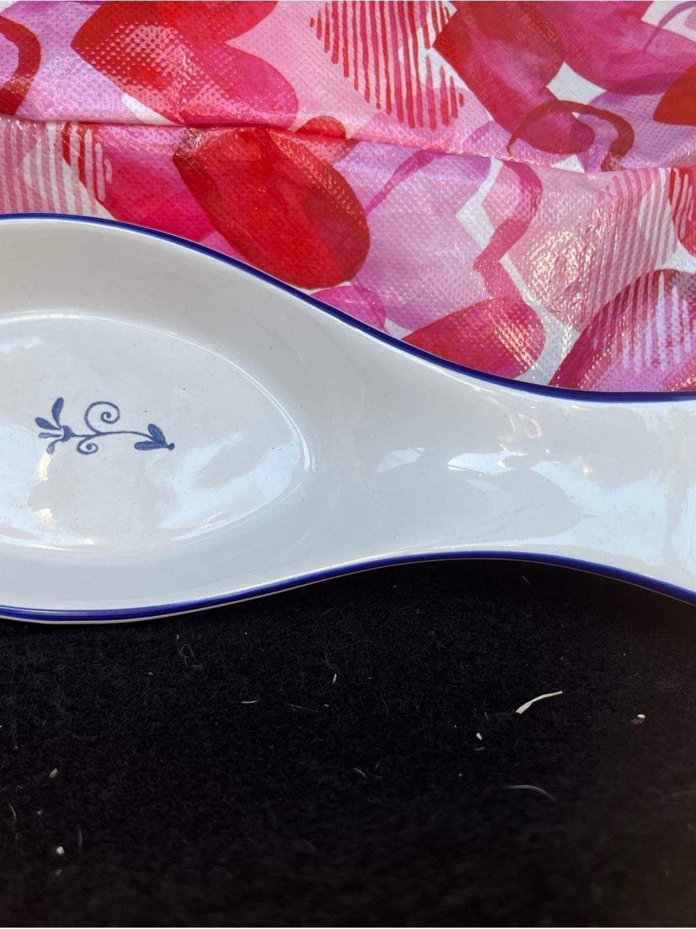 Porcelain Spoon Rest with Blue Trim and Floral Motif